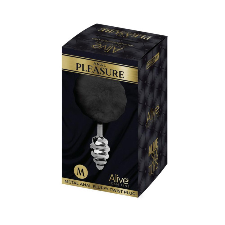 Металлическая анальная пробка Кроличий хвостик Alive Fluffy Twist Plug M Black, диаметр 3,4 см || Металева анальна пробка Кролячий хвостик Alive Fluffy Twist Plug M Black, діаметр 3,4 см